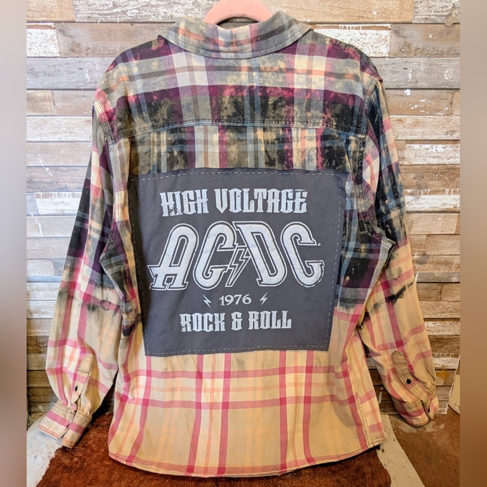 ACDC Graphic Upcycled Dip Dye Bleached Flannel Shirt